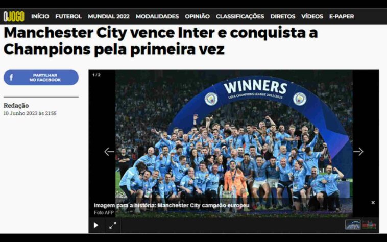 'O Jogo' foi simples e direto ao ponto no momento de noticiar o primeiro título do Manchester City na competição. 