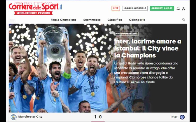 O 'Corriere dello Sport' afirmou que a atuação da Inter de Milão era de se orgulhar, e que as lágrimas da derrota são amargas. 
