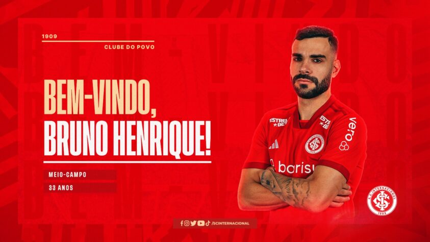 FECHADO - O Internacional anunciou a contratação do volante Bruno Henrique, que estava sem clube desde que deixou o Al-Ittihad, da Arábia Saudita. O volante chegou a negociar com o Santos, mas optou por defender o Colorado. 