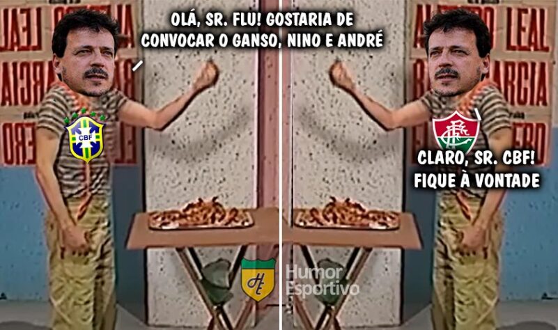 Treinador foi anunciado pela CBF e ficará à frente da Seleção Brasileira até a chegada de Carlo Ancelotti. Diniz também continuará no comando do Fluminense, acumulando as duas funções. Nas redes sociais, escolha pelo técnico do Tricolor rendeu questionamentos, críticas e muitos memes. Veja a seguir! (Por Humor Esportivo)