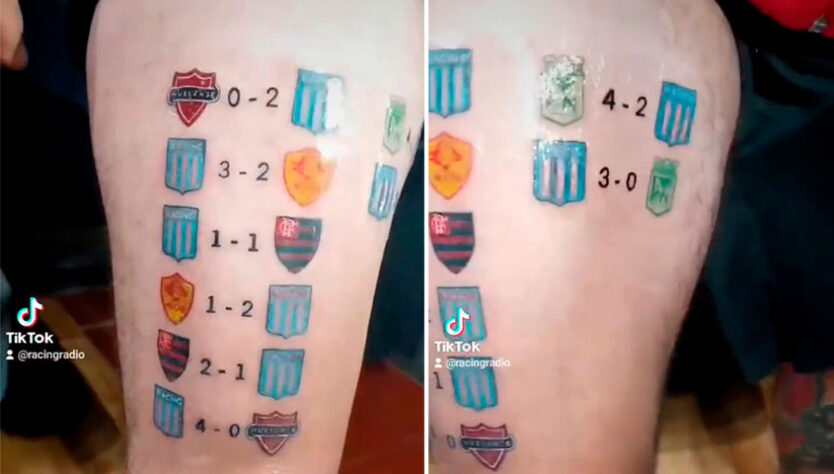 Otimista com o possível título da Libertadores 2023, um torcedor do Racing estava tatuando todos os resultados dos jogos do time até a conquista. Porém, a equipe argentina acabou caindo nas quartas de final para o Boca Juniors.