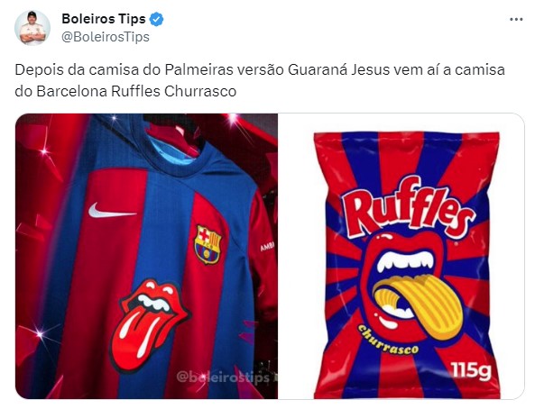 Camisa que o Barcelona jogará o clássico contra o Real Madrid terá homenagem aos Rolling Stones... ou seria uma homenagem às batatas Rufles sabor churrasco?