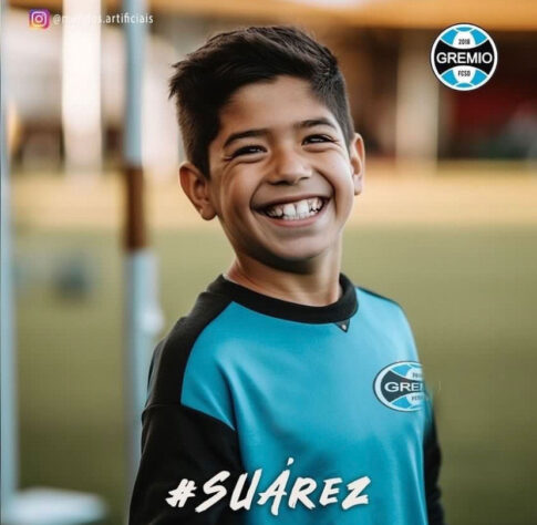 Grêmio: versão criança de Luisito Suárez, criada com auxílio da inteligência artificial.
