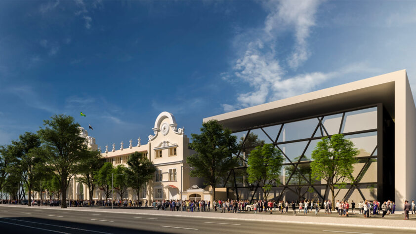 Nos dois lados da fachada serão construídas torres de quatro andares. Na imagem, a Torre Sul, onde atualmente fica a sala da presidência. No primeiro andar vai funcionar um centro de eventos e convenções. No segundo terá um restaurante. Já no terceiro e quarto andares serão os escritórios onde ficarão a administração e a diretoria, respectivamente. 