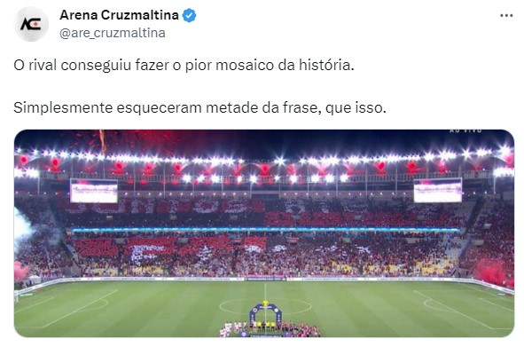 "Juntos até F..."? Falha no mosaico da torcida do Flamengo antes do jogo contra o Red Bull Bragantino virou meme nas redes sociais.