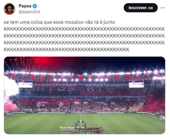 "Juntos até F..."? Falha no mosaico da torcida do Flamengo antes do jogo contra o Red Bull Bragantino virou meme nas redes sociais.