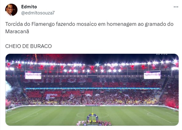 "Juntos até F..."? Falha no mosaico da torcida do Flamengo antes do jogo contra o Red Bull Bragantino virou meme nas redes sociais.