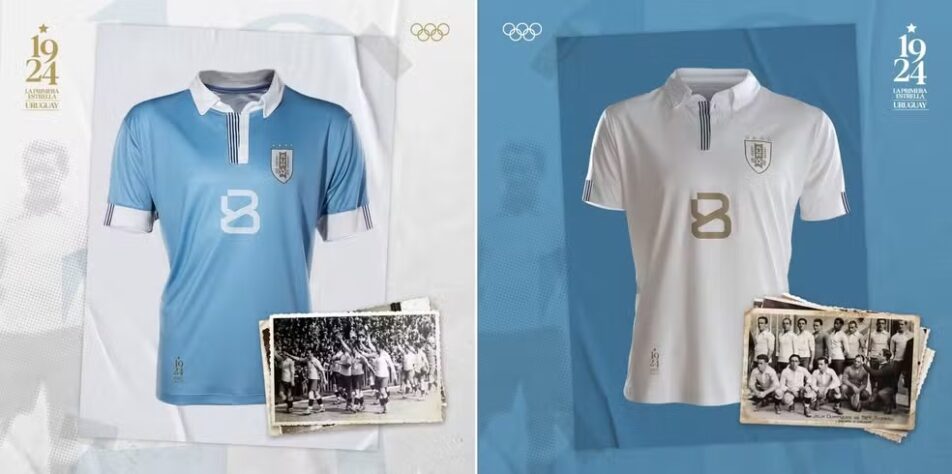 O Uruguai lançou, nesta quarta-feira (17), os uniformes que serão usados pela seleção no pré-olímpico, disputado a partir da semana que vem, na Venezuela. As camisas homenageiam os 100 anos da conquista do ouro olímpico de 1924, em Paris. Confira a seguir a galeria que o Lance! preparou para você com fotos dos mantos da Celeste: 