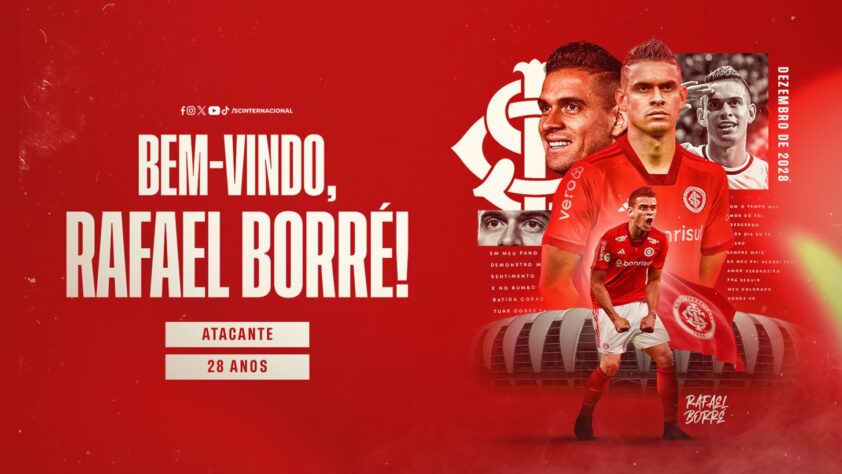 FECHADO - O Internacional anucniou a contratação do atacante Rafael Borréw, que estava no Eintracht Frankfurt (Alemanha). O Colorado adquiriu 80% dos direitos do colombiano, mas os valores da negociação não foram divulgados. 