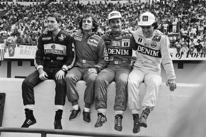 Imagem histórica de Ayrton Senna, Alain Prost, Nigel Mansell e Nelson Piquet antes do GP de Portugal de 1986