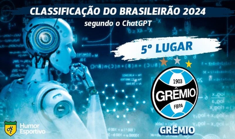 Classificação dos clubes da Série A do Brasileirão segundo o ChatGPT: o Grêmio será o 5º colocado.