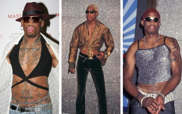 Dennis Rodman: Conhecido por ser o "bad boy" do Chicago Bulls, Rodman era inovador nos looks em seu tempo na NBA. O pivô sempre era visto com looks muito incomuns para a época e abusava de unhas pintadas, calças justas, croppeds e cabelos diferentes.