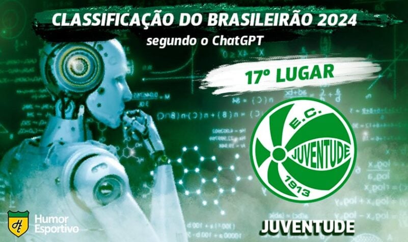 Classificação dos clubes da Série A do Brasileirão segundo o ChatGPT: Juventude ficará em 17º lugar e retornará para Série B em 2025.