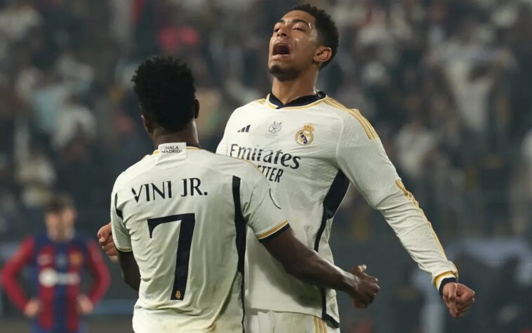 Maiores assistentes do Real Madrid em 2024 - 3º lugar: Valverde (8 assistências), 2º lugar: Bellingham (16 assistências), 1º lugar: Vini Jr. (19 assistências)