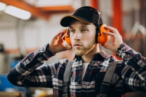 Homem com protetores auriculares